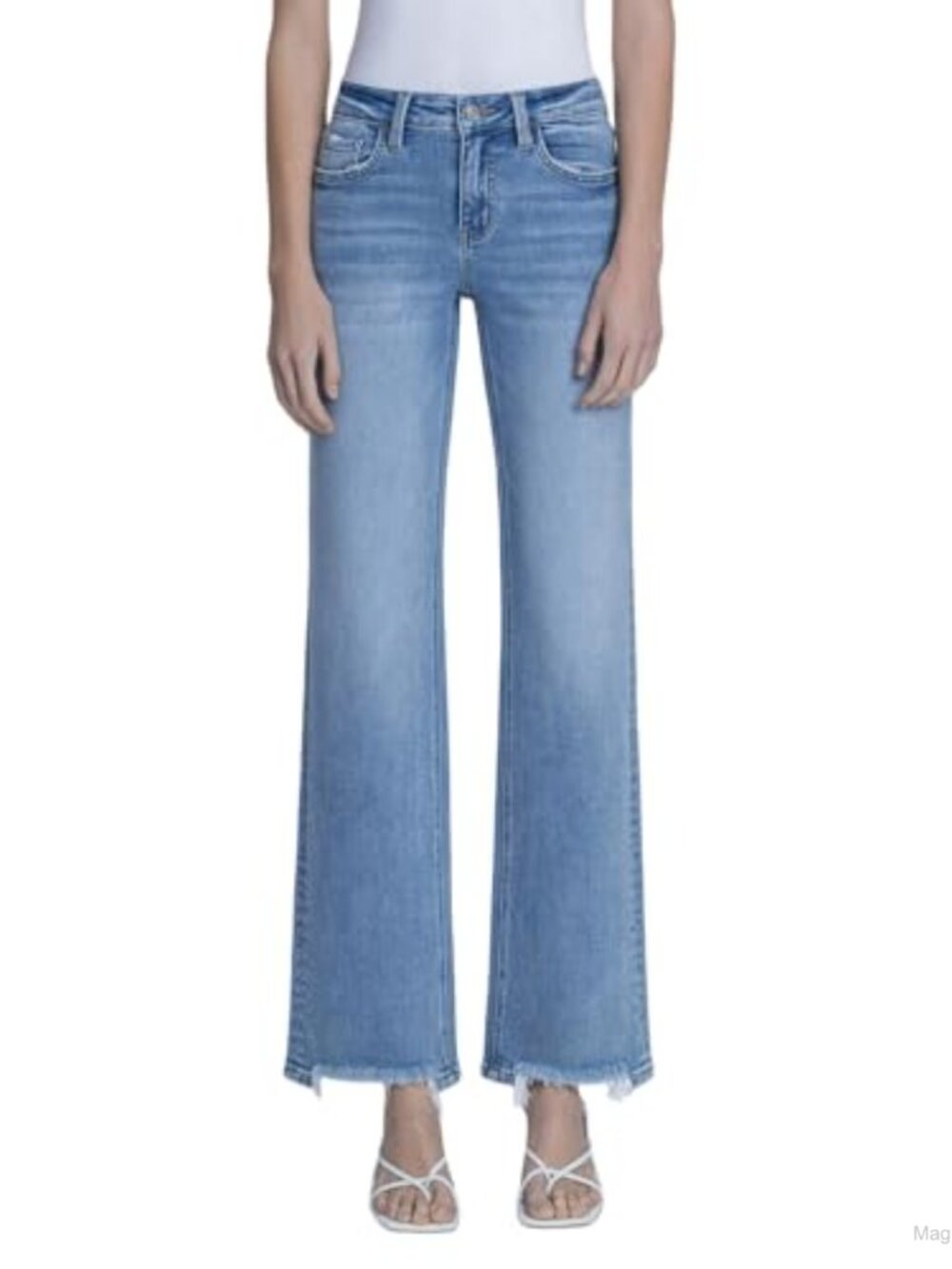 Mid-Rise Slim Wide Leg Jeans Distressed Hems Cotton Blend
